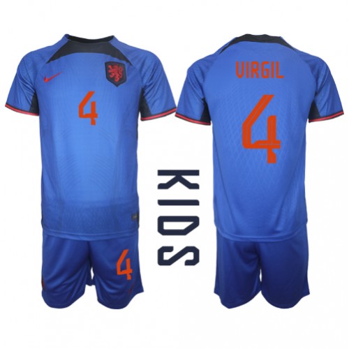 Fotballdrakt Barn Nederland Virgil van Dijk #4 Bortedraktsett VM 2022 Kortermet (+ Korte bukser)